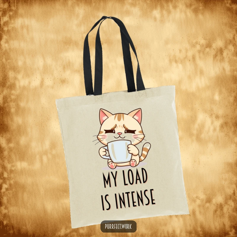 Funny smiling cat holding a coffee mug, looking slightly stressed, a humorous and durable tote bag for a funny gift.