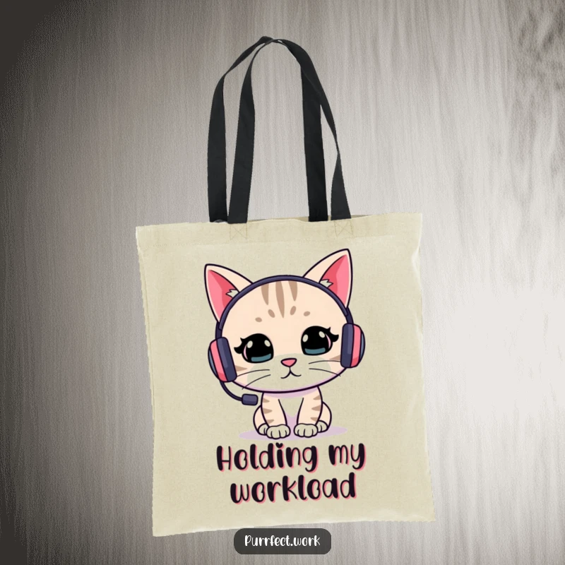 Funny cat gamer tote bag featuring a focused cat wearing a headset, ideal for carrying gaming accessories with a touch of humor.