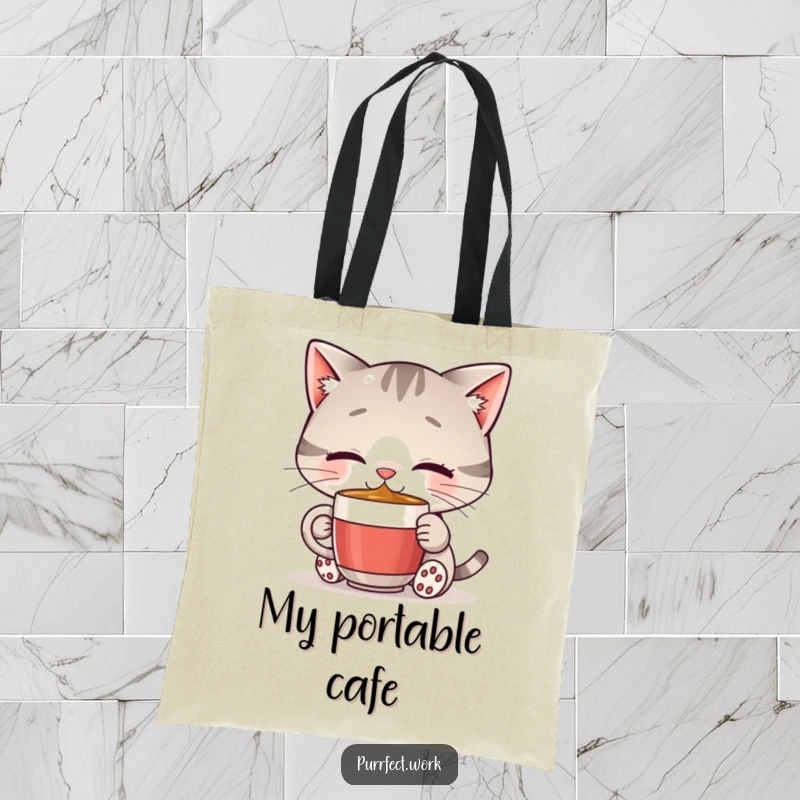 Funny cat coffee tote bag featuring a happy cat sipping a tiny mug, great for carrying essentials with a cheerful and humorous vibe.